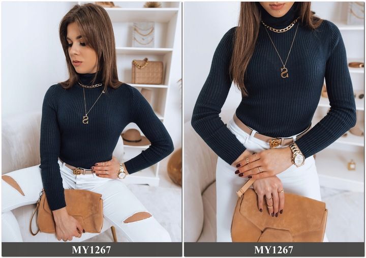 PRĄŻKOWANY SWETER DAMSKI GOLF KOLORY ox129 UNI zdjęcie 3