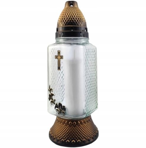 Szklany znicz krzyżem i lilią kwadratowy lampion z wkładem ZŁOTY 6szt. na Arena.pl