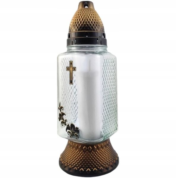 Szklany znicz krzyżem i lilią kwadratowy lampion z wkładem ZŁOTY 6szt. zdjęcie 2