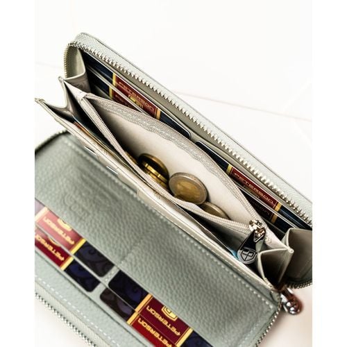 szary portfel damski w typie piórnika w roślinny wzór, wykonany na Arena.pl