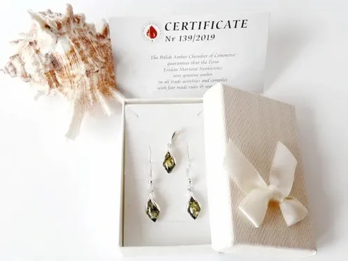 KOMPLET srebrny zielony BURSZTYN kolczyki+wis CERT na Arena.pl