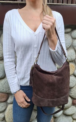 Vera Pelle Torebka Listonoszka SKÓRA NATURALNA ZAMSZ Worek CZEKOLADA na Arena.pl