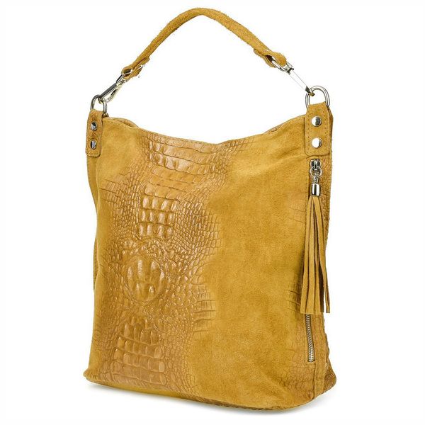 VERA PELLE torebka zamszowa worek kroko z paskiem na ramię V476 musztardowa zdjęcie 1