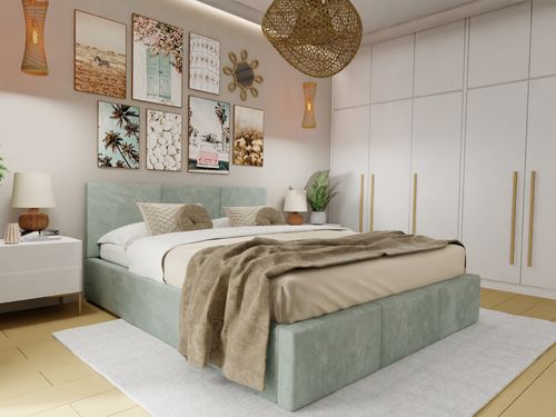 ŁÓŻKO TAPICEROWANE DO SYPIALNI 140x200 ŁÓŻKO PODWÓJNE Z POJEMNIKIEM MIĘTOWE na Arena.pl