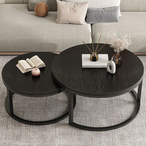 STOLIK KAWOWY OKRĄGŁY ZESTAW 2 STOLIKÓW NOWOCZESNE LOFT CZARNE DO SALONU na Arena.pl
