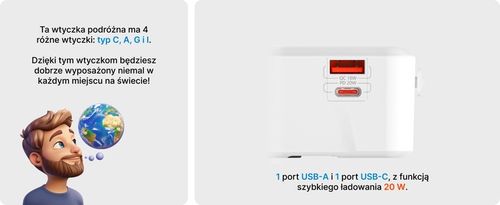 Voomy 20W Uniwersalna Wtyczka Światowa - 150+ krajów - USB-C & USB-A Biała na Arena.pl