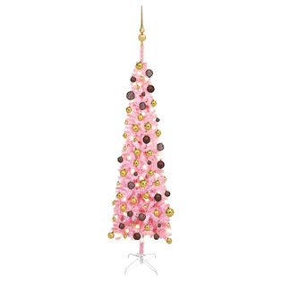 Smukła choinka z lampkami LED i bombkami, różowa, 150 cm