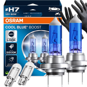 Żarówki Osram H7 Cool Blue Boost 5500K Białe + W5W Clear LED + Rękawiczki