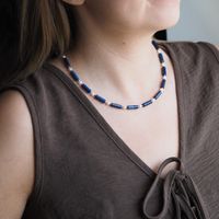 Naszyjnik z Lapis Lazuli i Perłami – rurki, hematyt złocony, srebro pozłacane