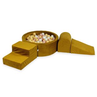 Piankowy plac zabaw z basenem okrągłym 90x30 Velvet złoty + 200 piłek (jasny złoty, beżowy, perła, różowe złoto)