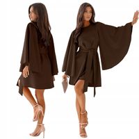 ELEGANCKA TRAPEZOWA SUKIENKA DŁUGI SZEROKI RĘKAW WIĄZANIE - CZEKOLADA