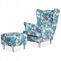 Fotel uszak ARI PRINT z podnóżkiem skandynawski Family Meble liście