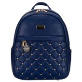 pikowany, modny granatowy plecak damski zdobiony złotymi nitami eko skóra