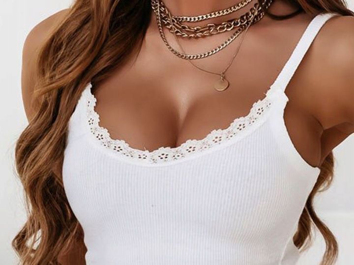 Bluzka damska z koronką prążkowana na ramiączkach modna koszulka S/M zdjęcie 13