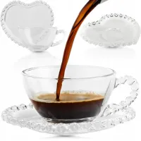 FILIŻANKA ZE SPODKIEM SZKLANA AMORA 200ML NA KAWĘ UNIWERSALNA WZÓR SERCE