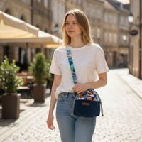 Torebka Sakiewka Sztruksowa Granatowa z Motywem Kolorowa Dżungla – Handmade