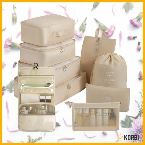 ZESTAW ORGANIZERÓW ORGANIZER PODRÓŻNY WALIZKI SZAFY UBRAŃ KOMPLET 8szt BEŻ na Arena.pl