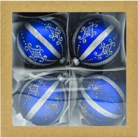 ZESTAW 4 szt.: Bombki okrągłe choinkowe: niebieskie ze srebrnymi pasami