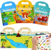 Zestaw 3 Książeczek z Naklejkami Dinozaury Pojazdy Zwierzęta 30x23cm