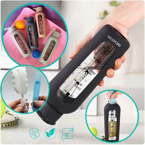 SZKLANA BUTELKA NA WODĘ BIDON SHAKER Z MIARKĄ I DZIUBKIEM SILIKONOWE ETUI na Arena.pl