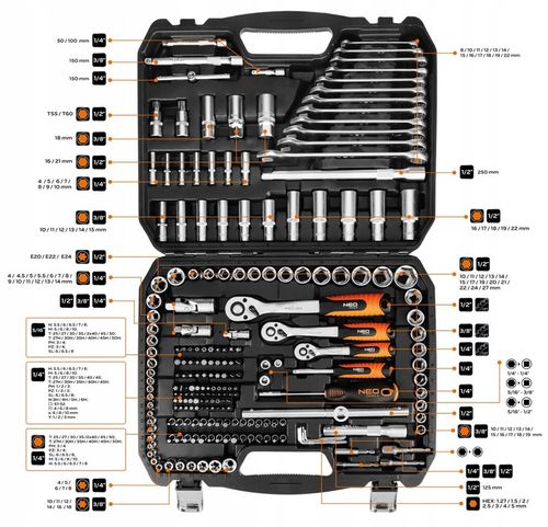 NEO TOOLS Zestaw Kluczy Nasadowych 220 el. 1/2" 3/8" 1/4" Walizka Stal CrV na Arena.pl