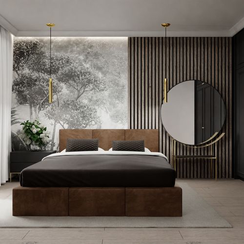 ŁÓŻKO TAPICEROWANE DO SYPIALNI 180x200 ŁÓŻKO PODWÓJNE Z POJEMNIKIEM BRĄZOWE na Arena.pl