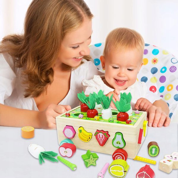 Układanka Montessori Sorter Klocków Złap Robaczka Drewniany Wózek Marchewki zdjęcie 7