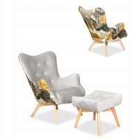 Fotel z pufą skandynawski uszak Luna Print Duo podnóżkiem Family meble