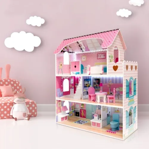 DOMEK DLA LALEK DREWNIANY XXXL RÓŻOWY ŚWIATŁO LED MEBELKI + 4 LALECZKI na Arena.pl