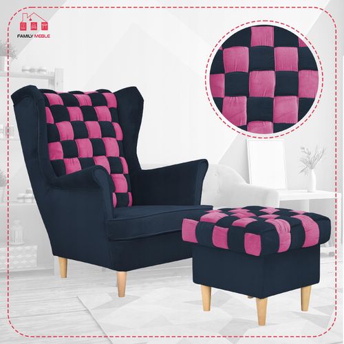 Fotel uszak Carol Duo z podnóżkiem skandynawski Family Meble różowy granat na Arena.pl