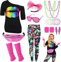 Damski Strój Kostium Przebranie Lata 80 Disco Retro Neon XXL Zestaw Peruka