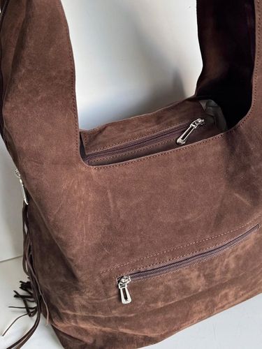 Torba Flora&Co torebka frędzle worek zamsz zamszowa eco brązowa czekoladowy na Arena.pl