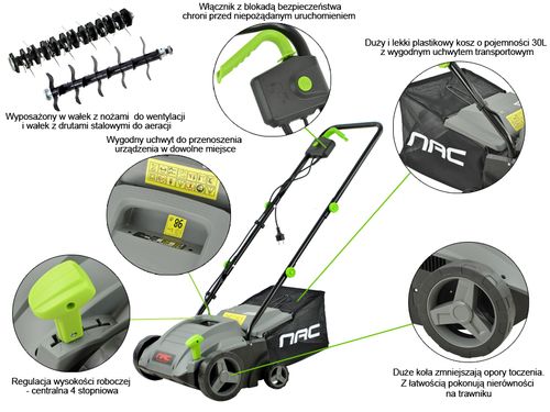 WERTYKULATOR AERATOR NAC SCE150-32-W 1500 W 2 WAŁKI SZER. 32 CM 2 FUNKCJE na Arena.pl