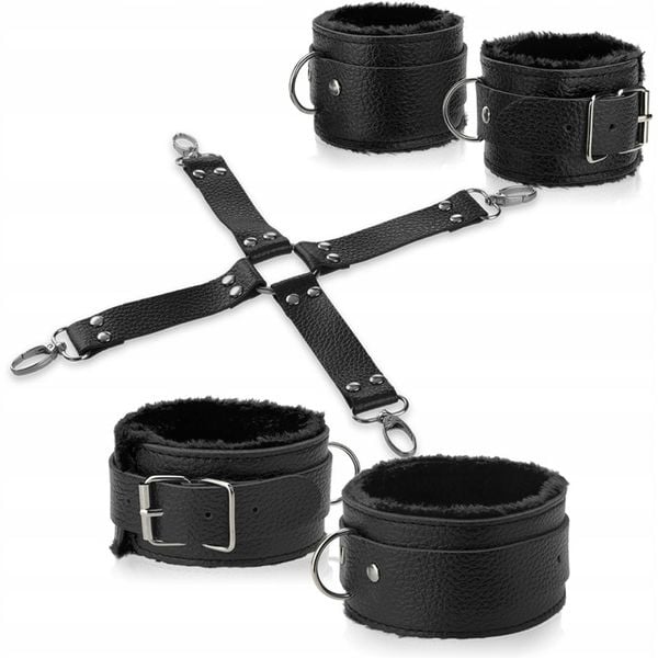 ZESTAW DO KRĘPOWANIA - KAJDANKI NA RĘCE I NOGI Z PASKAMI ŁĄCZĄCYMI - BDSM zdjęcie 2