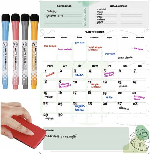 PLANER TABLICA NA LODÓWKĘ MAGNETYCZNA ORGANIZER NOTATNIK 4xPISAKI na Arena.pl