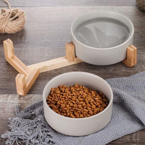 MISKA CERAMICZNA PODWÓJNA DLA PSA I KOTA 2 MISKI DREWNIANA PODSTAWA 2x400ml na Arena.pl