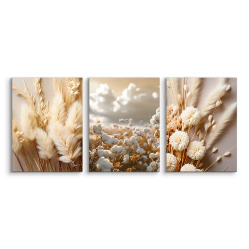 Obrazy Na Płótnie Set Kwiaty Bawełna Trawy Natura Boho Rośliny 90cm x 40cm na Arena.pl