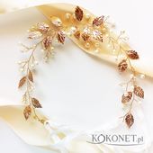 Złota opaska ślubna z listkami i perełkami KOKONET 4-0120