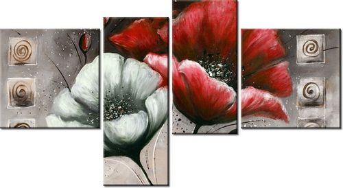 100 55CM OBRAZ 4 ELEM MALOWANE MAKI CZERWIENI BRĄZIE PŁÓTNO DRUK na Arena.pl