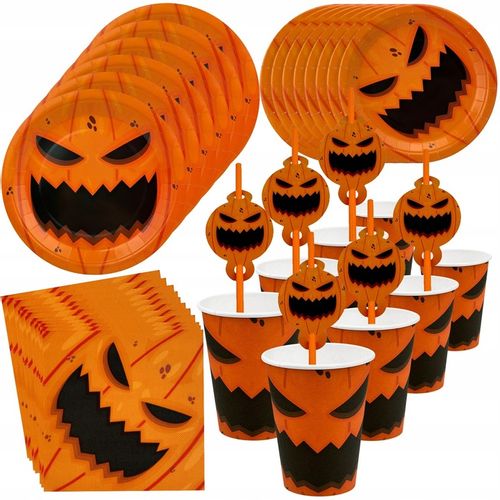 Duży Zestaw Talerzyki kubeczki serwetki słomki Halloween Dynia 40szt na Arena.pl