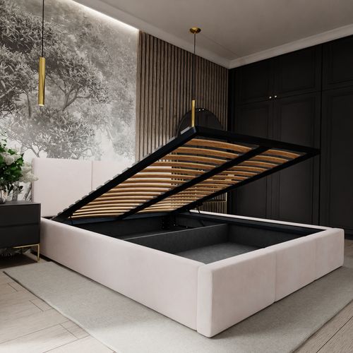 ŁÓŻKO TAPICEROWANE DO SYPIALNI 180x200 ŁÓŻKO PODWÓJNE Z POJEMNIKIEM KREMOWE na Arena.pl