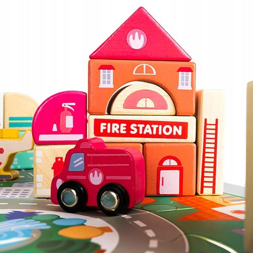 Klocki Miasto Drewniane Auta Zestaw + Puzzle Mata 115 Klocków Edukacyjne na Arena.pl