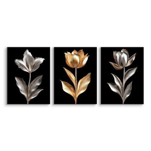 Obrazy Do Sypialni Set Złote Srebrne Kwiaty Natura Styl Glamour 90cm x 40cm na Arena.pl