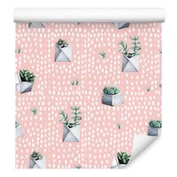 Tapeta kaktusy na różowym tle groszki do sypialni