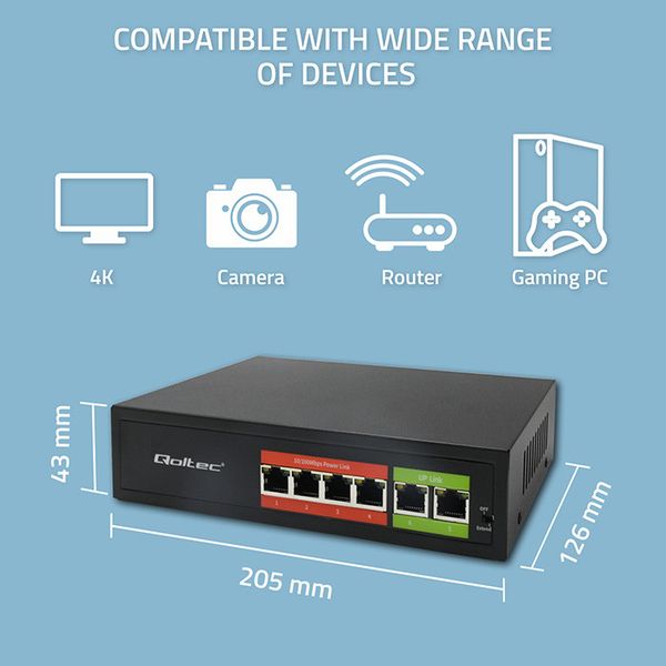 Qoltec Switch PoE 4x RJ45 + 2x Uplink, 65W, Fast Ethernet zdjęcie 2