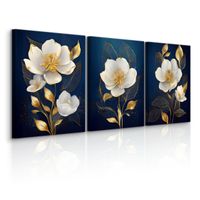 Obrazy Ścienne Set Białe Kwiaty Złote Liście Glamour Abstrakcja 90cm x 40cm