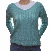 Damski sweter ażurowy w szpic serek uni mięta