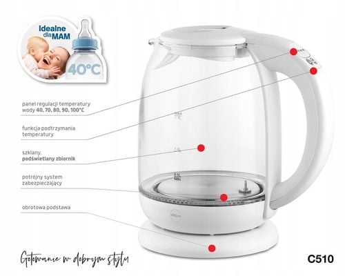 CZAJNIK ELEKTRYCZNY BEZPRZEWODOWY SZKLANY C510 2200W 1,7l BIAŁY na Arena.pl