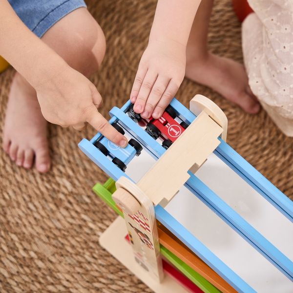 VIGA Drewniana Podwójna Zjeżdżalnia Dla Samochodzików Tor Wyścigowy zdjęcie 18