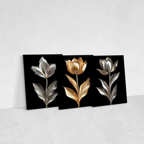 Obrazy Do Sypialni Set Złote Srebrne Kwiaty Natura Styl Glamour 90cm x 40cm na Arena.pl